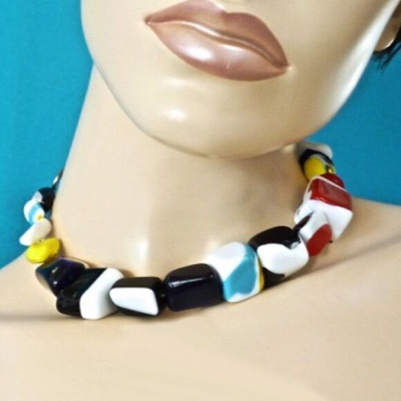 Primary Colors Art Glass Artisan chunk glass bead necklace Adjustable size - Picture 3 of 9